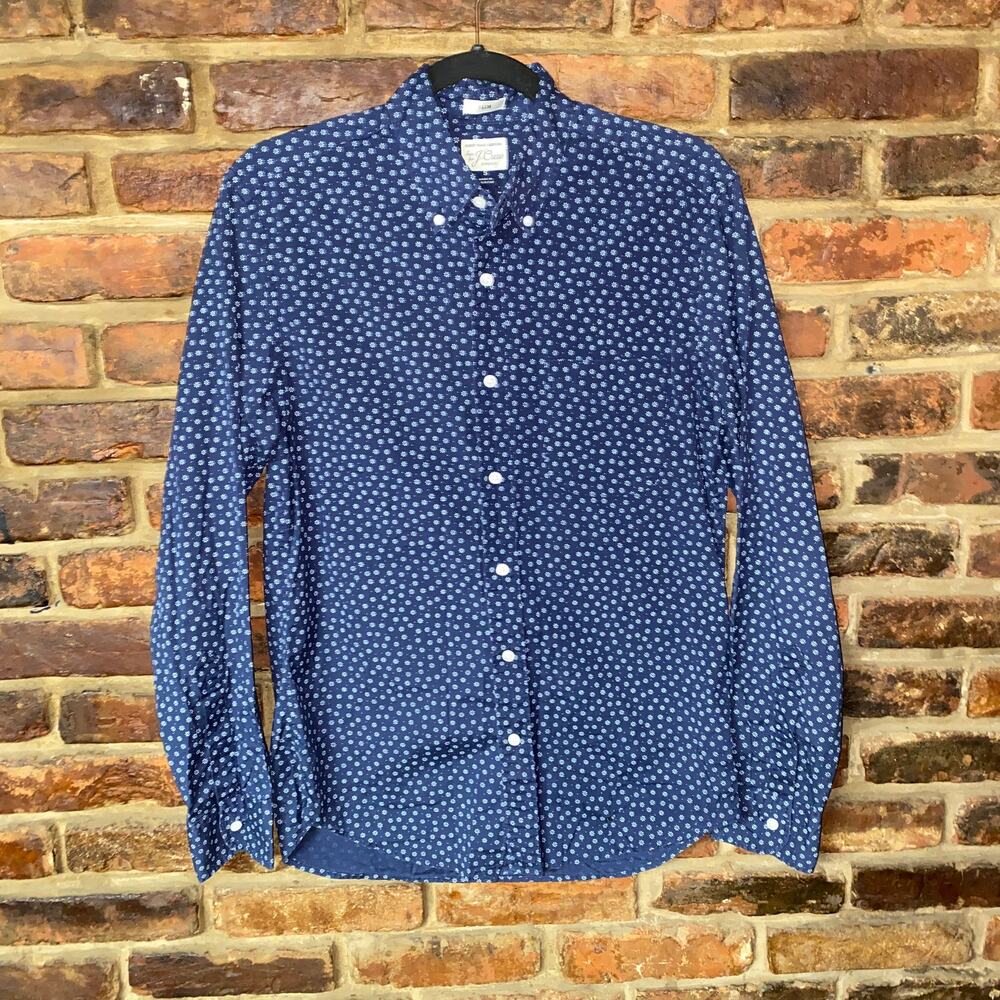 J. Crew Secret Wash Slim Navy Blue Floral Long Sleeve Button Down Shirt Small